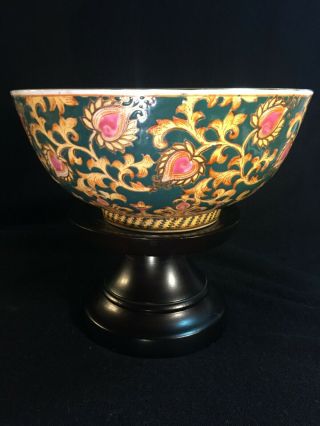 Vintage Porcelain Oriental Accent Bowl W/green And Pink Floral Motif