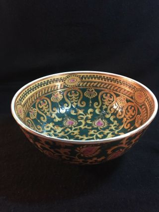 Vintage Porcelain Oriental Accent Bowl w/Green and Pink Floral Motif 3