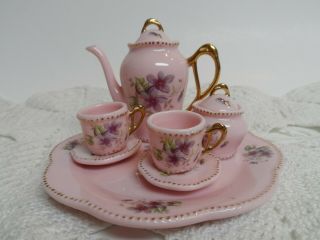Vintage Children ' s Mini Tea Set - Pink with Purple Flowers 2