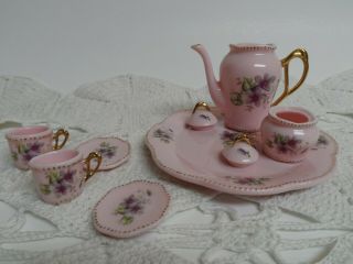 Vintage Children ' s Mini Tea Set - Pink with Purple Flowers 3