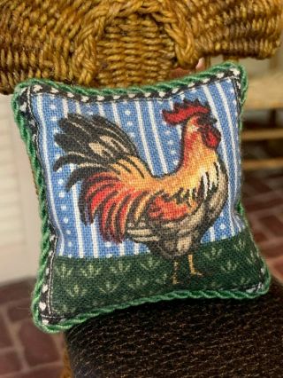 Vintage Miniature Dollhouse Artisan Rooster & Eggs In Basket Fabric Pillow 1:12