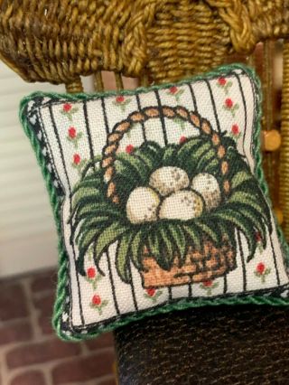 Vintage Miniature Dollhouse ARTISAN Rooster & Eggs In Basket Fabric Pillow 1:12 3