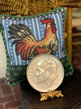 Vintage Miniature Dollhouse ARTISAN Rooster & Eggs In Basket Fabric Pillow 1:12 6