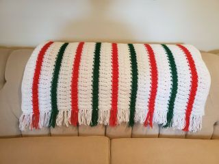 Vintage Afghan Blanket Throw Red White Green Handmade Knit 77 " X 43 "