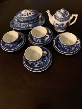 Vintage 15 Piece Occupied Japan Blue Willow Miniature Teapot Tea Set