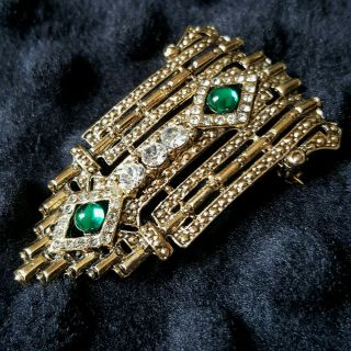 Vintage Art Deco Style Brooch Pin Gold Tone Crystal Unsigned