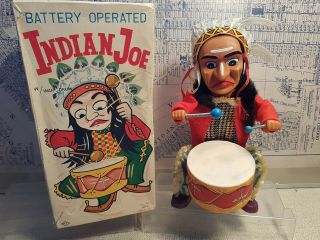 Vtg Battery Operated Alps Indian Joe With War Drum Litho Toy & Box - -