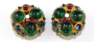 Gorgeous Vintage Hobe Multi - Color Cabachon Rhinestone Clip Earrings