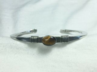 Thin Vintage Taxco Handmade Mexican Silver Cuff Bracelet With Oval Tiger Eye
