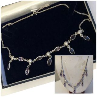 Vintage Jewellery 925 Silver Amethyst & Pearl Necklace / Choker