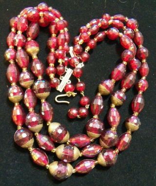 Vintage Multifaceted Plum Triple Strand Beaded Necklace With Brass Accents 18 "