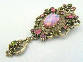 Vtg Signed Sarah Coventry Contessa Faux Opal & Pink Rhinestone Crown Pendant Pin