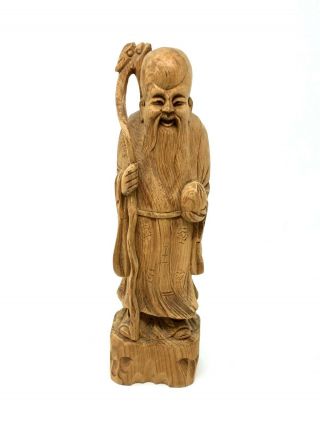Vintage Chinese Hand Carved Wood Longevity Figure Statue Shou Lao God