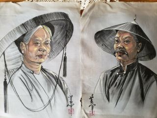 Vintage Asian Elder W/conical Hats Portrait Paintings On Silk Signed W/red Seal