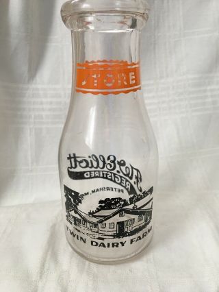 Vintage Pint Milk Bottle Elliott Dairy Petersham Massachusetts Twin Dairy Farm