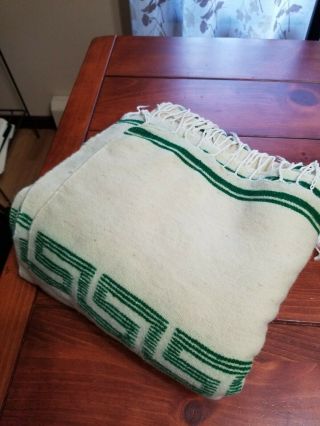 Vtg Wool Green & Cream Serape Blanket Wrap Camp Cottage 74x41 Fringed Few Flaws