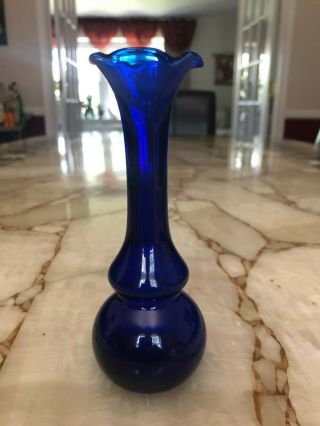 Vintage Blown Glass Cobalt Blue Scalloped Top Bud Vase 5 Inches Tall.