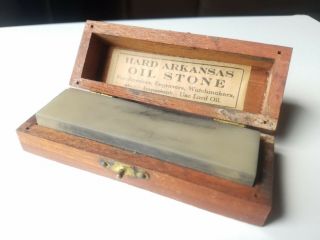 Vintage Hard Arkansas Oil Stone In Wooden Box With Tags,  Labels