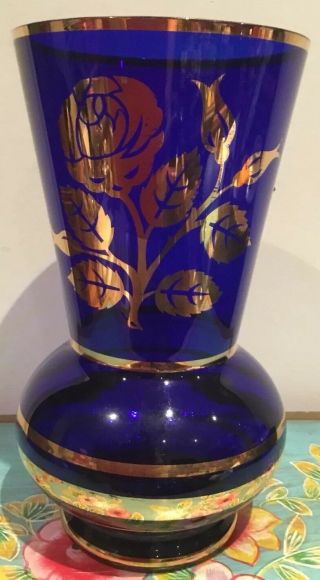 Vintage/antique Bristol Blue Glass & Gold Painted Vase 26 Cm Tall