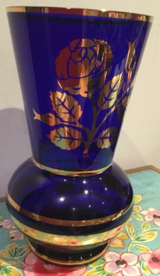 Vintage/antique Bristol Blue Glass & Gold Painted Vase 26 Cm Tall 2