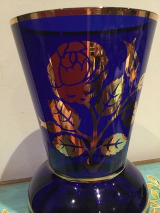 Vintage/antique Bristol Blue Glass & Gold Painted Vase 26 Cm Tall 3