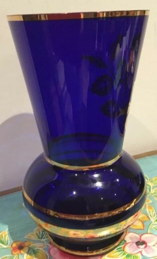 Vintage/antique Bristol Blue Glass & Gold Painted Vase 26 Cm Tall 4