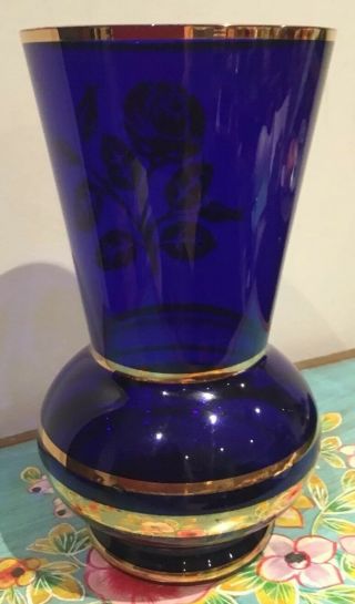 Vintage/antique Bristol Blue Glass & Gold Painted Vase 26 Cm Tall 5