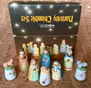 Vintage 1986 Enesco Designed Giftware Nativity Thimble Set 8 Pc.  Porcelain,  Euc