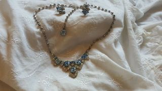 Vintage Bogoff Signed Art Deco Rhinestone Blue " Sapphire " Necklace & Earrings