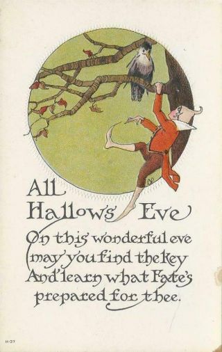 Vintage Halloween Nash - Elf & Raven W/poem - Embossed -