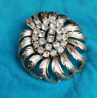 Vintage Signed Coro Silver Tone Flower Brooch With Rhinestones