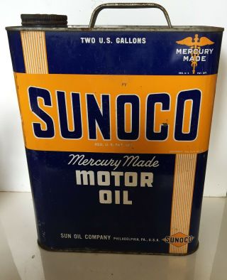 Vintage Sunoco Mercury Made Motor Oil Can 2 Gallon Metal Advertising Sun Oil Co.