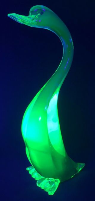 Tall Vintage Green & Blue Sommerso Murano Uranium Art Glass Duck