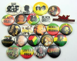 Reggae / Rasta Badges 23 X Vintage Pin Badges Bob Marley Dennis Brown