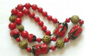 Czech Vintage Art Deco Maroon And Black Glass Bead Necklace With Filigree Beads