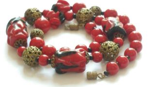 Czech Vintage Art Deco Maroon And Black Glass Bead Necklace With Filigree Beads 2