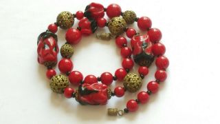 Czech Vintage Art Deco Maroon And Black Glass Bead Necklace With Filigree Beads 3