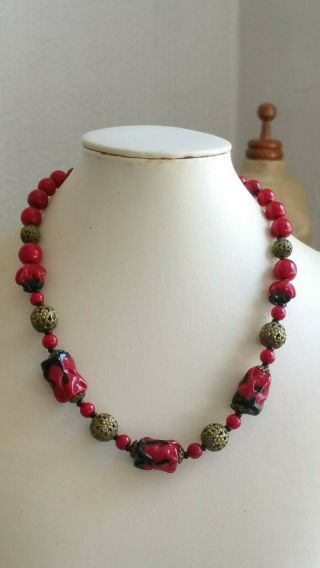 Czech Vintage Art Deco Maroon And Black Glass Bead Necklace With Filigree Beads 4