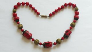 Czech Vintage Art Deco Maroon And Black Glass Bead Necklace With Filigree Beads 6