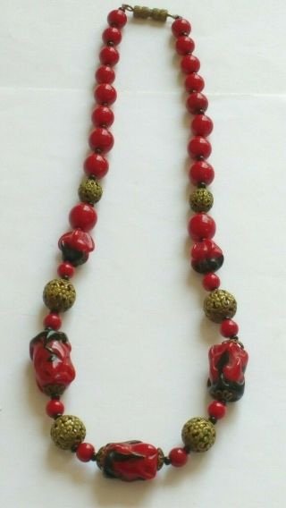 Czech Vintage Art Deco Maroon And Black Glass Bead Necklace With Filigree Beads 7