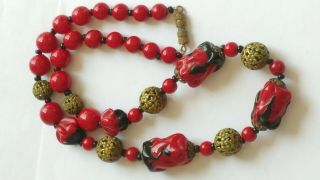 Czech Vintage Art Deco Maroon And Black Glass Bead Necklace With Filigree Beads 8