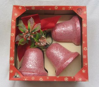 Vintage Ringalite Bells Decoration 3 Red Glitter Electrified Christmas Bells