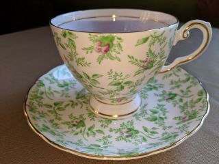 Vintage Tuscan English Floral Green Pink Buds Fine Bone China Tea Cup And Saucer