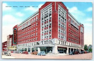 Postcard In Fort Wayne Indiana Hotel Vtg Linen View Old Cars F8