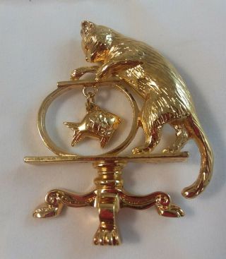 Vintage Avon Cat With Fish In A Fishbowl Brooch Pin Goldtone