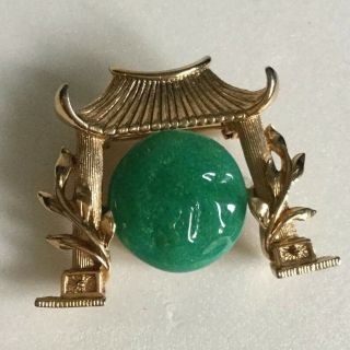 Marvella Rare Vintage Asian Pagoda Temple Bell Pin Green Faux Jade