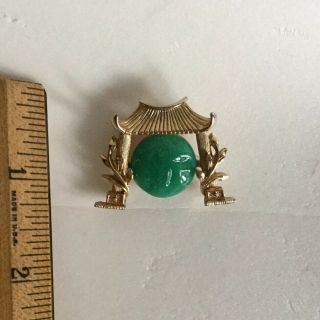 Marvella Rare Vintage Asian Pagoda Temple Bell Pin Green Faux Jade 3