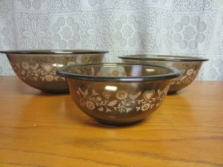 Vintage Pyrex Amer Birds Flowers Clear Glass Nesting Mixing Bowl Set Of 3 1980 
