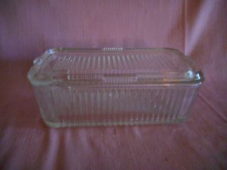 Vintage Federal Ribbed Clear Glass Loaf Refrigerator Dish W/ Ribbed Lid