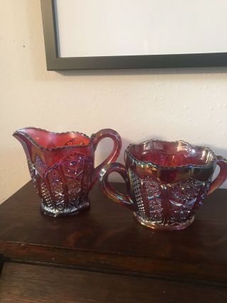 Vintage Indiana Glass Red Sunset Heirloom Carnival Cream And Sugar